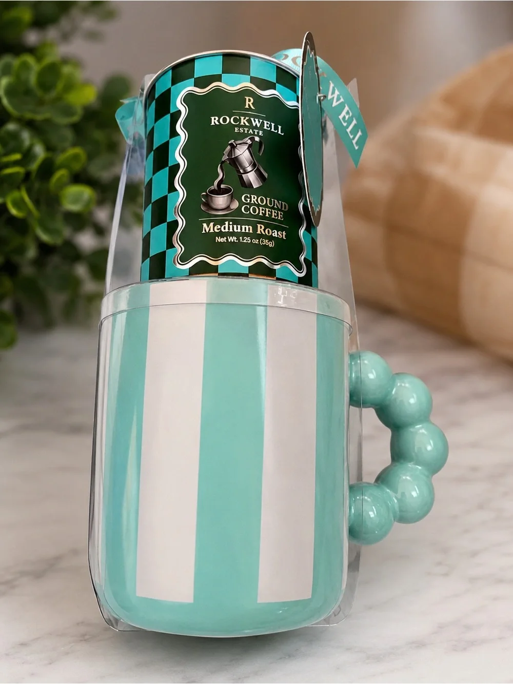 Mint Green Striped Ceramic Coffee Mug with Beaded Handle